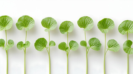 Wall Mural - a row of eight green leaves on a white background.