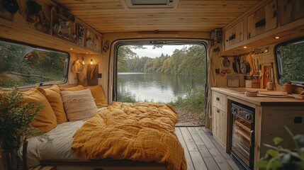 Poster - The warm interior of a van features a cozy bed with mustard-colored bedding, while a large window frames a tranquil lake surrounded by trees, catching the evening light.