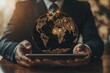 © SKIMP Art - Businessman using a tablet with a global network and world map, a digital connections concept for international business or technology on a desk Generative AI