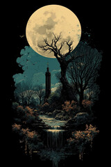a painting of a tree in the middle of a forest with a full moon in the background