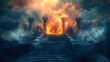 © Thiago - The eternal fire, dark atmospheric landscape with stairs to ancient columns and font of fire, fantasy background. Fantasy. Illustration