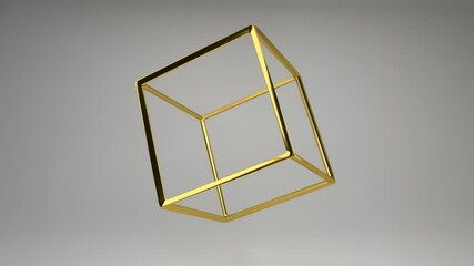 Poster - Realistic 3D rendering of a golden cube frame slowly spin around. Beautiful backdrop with the geometric shape of the Platonic solids. Looped footage.