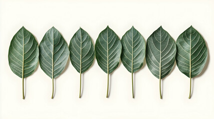 Wall Mural - a row of seven green leaves with visible veins, arranged horizontally on a white background.