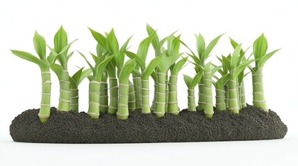 Wall Mural - a row of vibrant green bamboo shoots growing from brown soil against a white background.