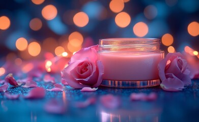 There is a delicate glass jar filled with light pink cream on the table, surrounded by softly lit rose petals