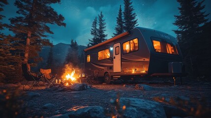Poster - A camper trailer glows warmly in the night, surrounded by towering trees. A campfire crackles nearby, inviting relaxation in a peaceful outdoor environment.