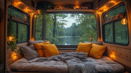 Poster - A cozy interior of a van features a comfortable bed with warm blankets and pillows. The large windows provide a stunning view of a peaceful lake and forest at dusk.