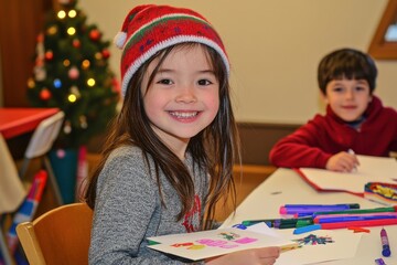 smiling children making holiday cards with colorful markers