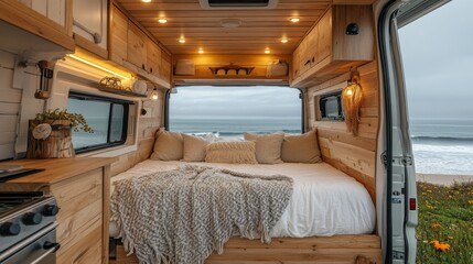Poster - The warm wood interior of a camper van features a comfortable bed surrounded by soft cushions. Large windows showcase a serene beach view, inviting tranquility on a cloudy day.