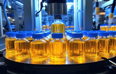 Poster - Advanced filling and sealing machine in action with glass bottles