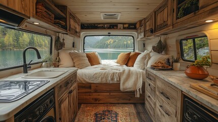 Poster - The cozy interior features wood-paneled walls, a comfortable bed with cushions, and a small kitchen area. Nearby, a serene lake reflects autumn colors.