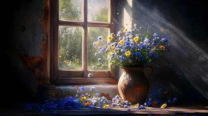 Wall Mural - A rustic window with sun rays streaming through, illuminating a clay pitcher filled with wildflowers on a wooden sill.