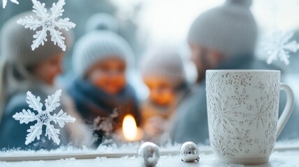 Cozy winter family gathering by the window with hot cocoa and snowflake decor