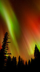 Wall Mural - vertical panorama of bright multicolored aurora in night sky with silhouettes of pine trees