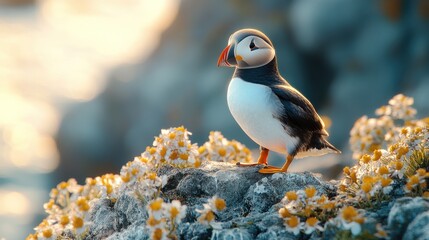 A puffin stands on a cliffside with wildflowers in the foreground, looking out at the sea with the setting sun behind it.