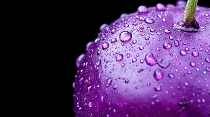 Wall Mural -   A detailed shot of a vibrant purple apple surrounded by droplets of water and a lush green stem emerging from it