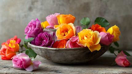 Wall Mural - A rustic wooden bowl filled with vibrant pink, orange and yellow roses with some scattered around it.