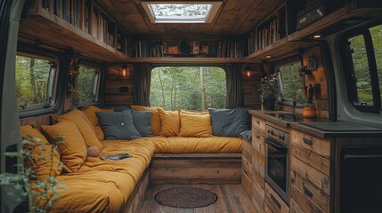 Poster - A rustic van's interior features a cozy seating area with yellow cushions and wooden accents. Bookshelves line the walls, and sunlight filters through the skylight.