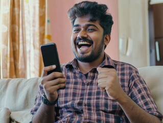 Poster - Smiling Man Engrossed in His Phone