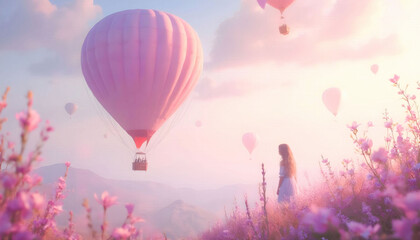  Pastel-colored balloons floating above a charming town, creating a whimsical and dreamy atmosphere.
