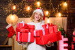 © be free - Tips how to save money on christmas shopping. Preparing surprise. Happy woman hold gift boxes. Give and receive. Pick perfect gift. Peace and joy sold here. Gift shop. Holiday hustle and bustle