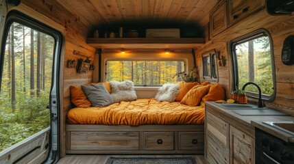 Poster - A cozy van features warm orange bedding and wooden accents, set against a backdrop of vibrant autumn foliage. Ideal for nature lovers seeking comfort on the go.