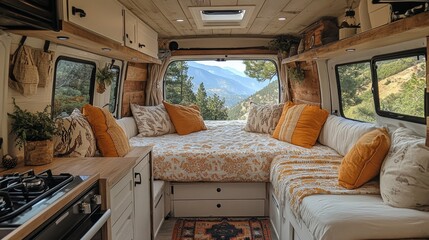 Poster - This van interior showcases a cozy seating area adorned with cushions, offering stunning mountain views. The kitchenette adds functionality for adventures.