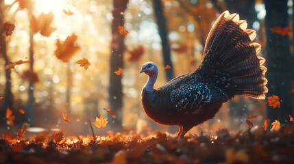 Aufkleber - A wild turkey walks through a forest during the fall season, surrounded by colorful leaves