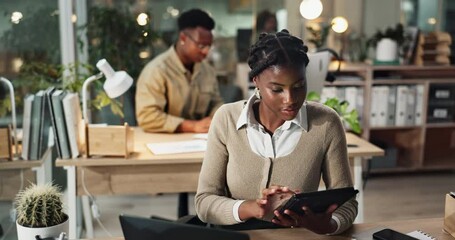 Poster - Tablet, laptop and planning with black woman in office for company revenue, commercial broker or negotiation closer. Project, night and networking with account agent for investment deal and email
