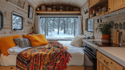 Poster - A charming van interior showcases vibrant blankets and cushions, creating a warm atmosphere against a backdrop of snowy trees outside the window, ideal for cozy living.