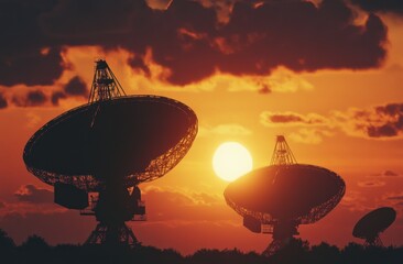 Wall Mural - silhouettes of radio telescope dishes against the setting sun, symbolizing our canvas for observing 