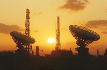 Wall Mural - silhouettes of radio towers, against the backdrop of the setting sun, three large and small dish-sha