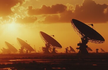 Wall Mural - silhouettes of radio dishes against the backdrop of a sunset sky, with an array of large dish-like s