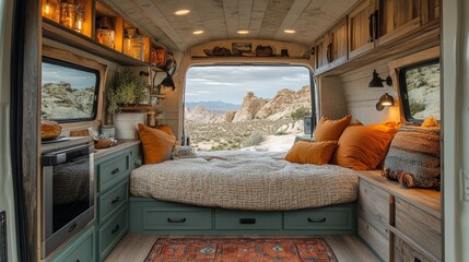 Poster - The interior of a stylish van showcases a comfortable bed with soft linens, surrounded by organized shelves filled with decor and lighting. Large windows reveal a stunning mountainous landscape.