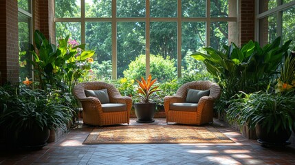 Aufkleber - A tranquil seating area features two woven chairs flanking a vibrant plant. Sunlight floods through large windows, surrounded by lush greenery.