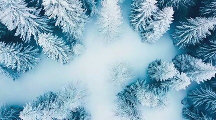 Wall Mural -   A blue-hued forest, from above, showing the tops of snow-covered tree branches