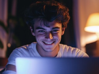 Wall Mural - Young Man Smiling at Camera, Working on Laptop