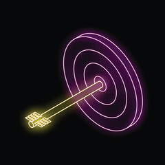 Poster - Neon arrow hitting the center of a purple and yellow target on a black background