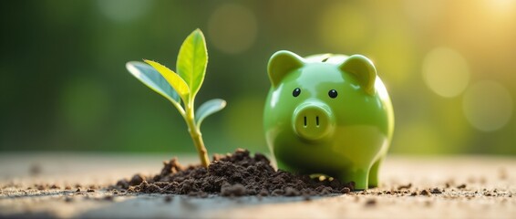 Wall Mural - A green piggy bank amidst sprouting plants on a sunny day, symbolizing financial growth and environmental sustainability. The image conveys concepts of savings, nature, and eco-friendly investments.

