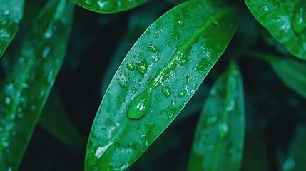 Wall Mural -   A green plant with water droplets on its leaves, the leaves are prominent in the foreground