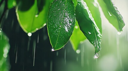 Wall Mural -   Close-up of a green leaf with water droplets and a green plant with green foliage in the background
