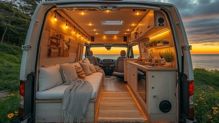 Poster - The interior of a van features a cozy seating area with warm lighting, perfect for relaxation while enjoying a breathtaking ocean view at sunset.