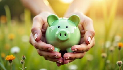 Wall Mural - Close-up of hands gently grasping a green piggy bank in a sunlit field, symbolizing savings, growth, and eco-friendly financial concepts amidst a serene natural setting.

