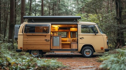 Poster - A classic camper van is parked in a tranquil forest surrounded by tall trees. The cozy interior glows softly, inviting adventure and relaxation in nature's embrace.