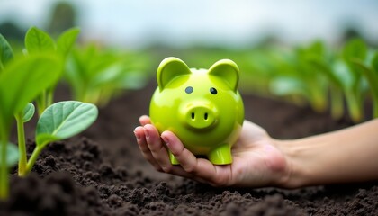 Wall Mural - A vibrant green piggy bank with a plant emerging, held over a lush field. Represents sustainability, eco-friendly savings, and growth. Perfect for illustrating financial concepts and environmental awa