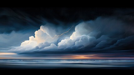 Poster -   A painting portrays a tempestuous seascape with a cloud-laden sky and distant lightning strikes on the horizon