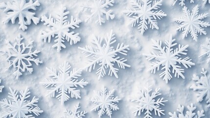Poster - An assortment of beautiful white snowflakes against a soft blue icy background, creating a serene winter atmosphere.