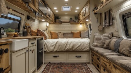 Poster - The interior of a beautifully converted van showcases rustic wooden cabinetry, a cozy bed with plush pillows, and a welcoming seating area. A warm, inviting space perfect for travel.