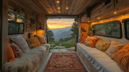 Poster - The van's interior features wooden decor and soft cushions, showcasing a beautiful sunset over mountains. A vibrant rug adds warmth to the space.
