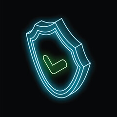 Poster - glowing neon shield is assuring protection and safety with a bright green check mark